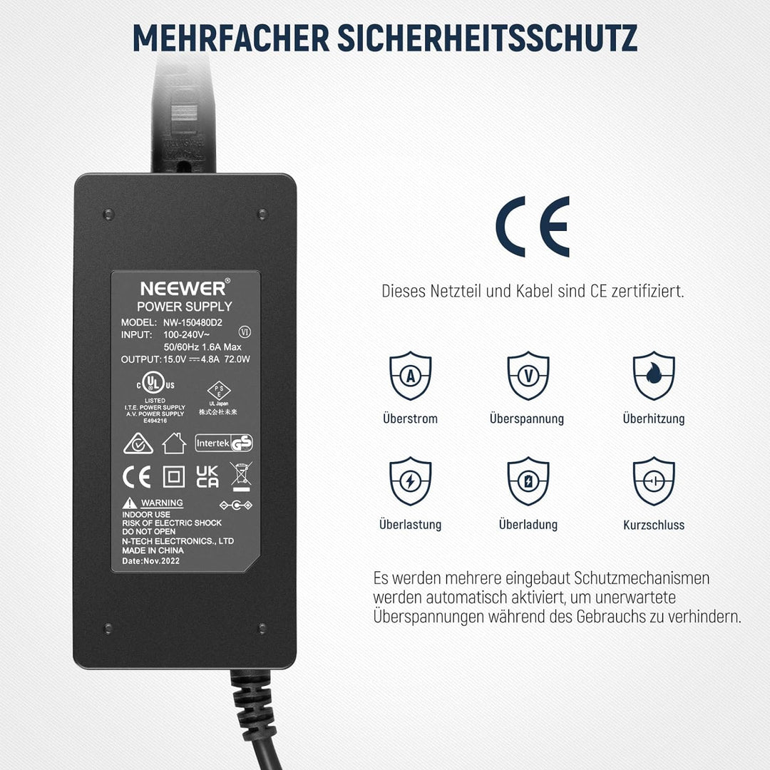 NEEWER 15V 4,8A 72W Netzteil mit 5,5 x 2,5mm männlichem Gleichstromkabel 100–240V Wechselstrom auf G