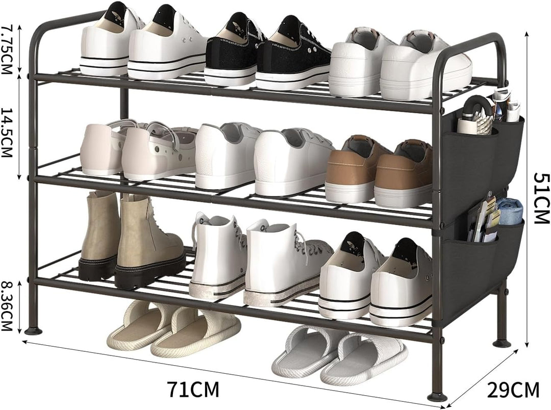 Schuhregal 3 Ebenen Schuhaufbewahrung Organizer Metall mit Seitentaschen für Flur, Schlafzimmer Schw