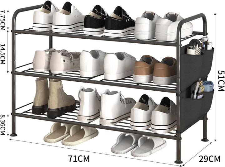Schuhregal 3 Ebenen Schuhaufbewahrung Organizer Metall mit Seitentaschen für Flur, Schlafzimmer Schw