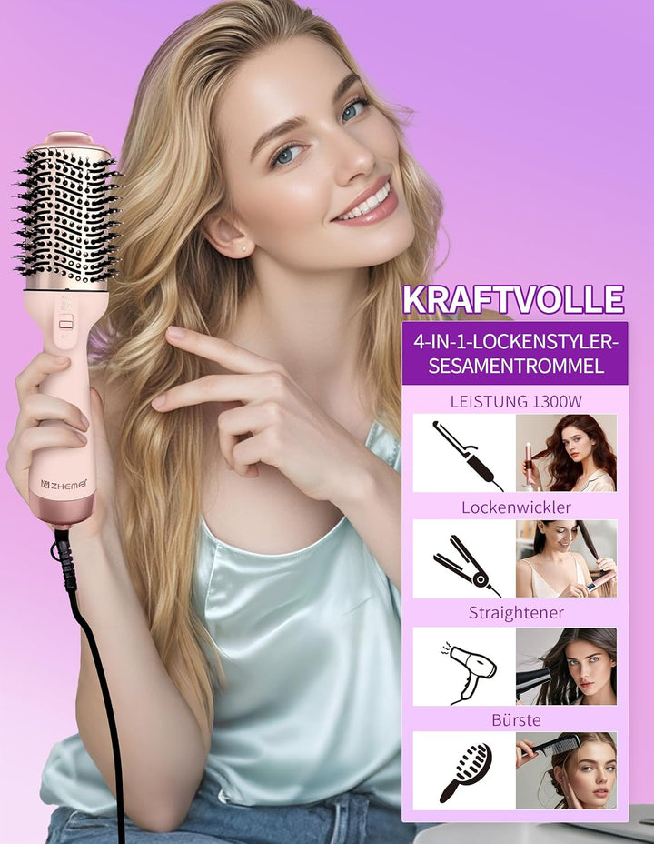1300W Profi-Warmluftbürste, 4-in-1 Föhnbürste mit Antifrizz-Effekt, Keramik-Titan-Zylinder – Salon-R