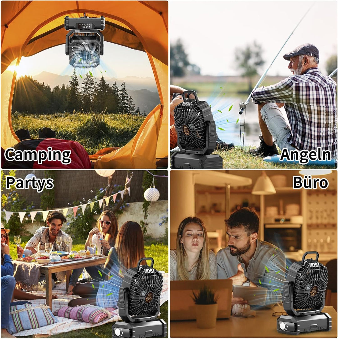 Ventilator Camping mit Sprühnebel, Akku Ventilator 20000mAh mit LED Licht, Haken, 270° Drehung, Trag