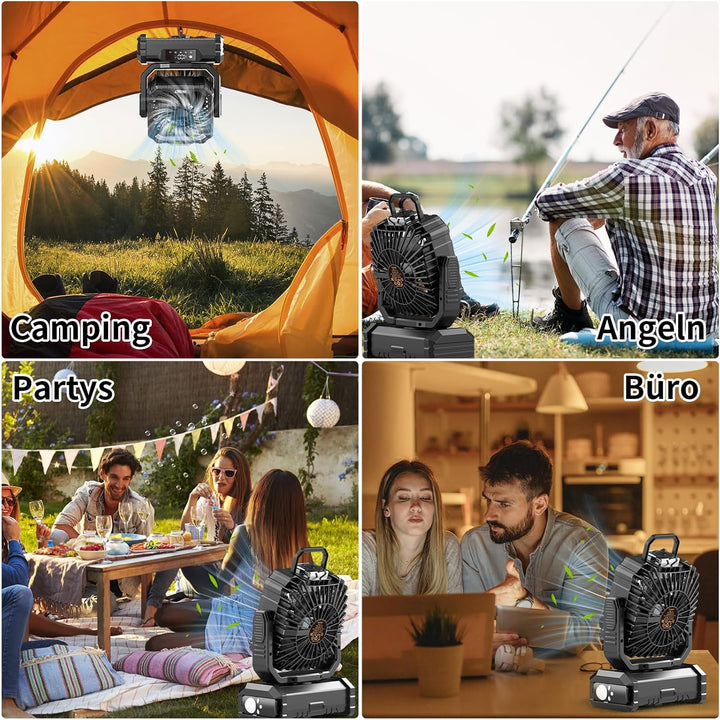 Ventilator Camping mit Sprühnebel, Akku Ventilator 20000mAh mit LED Licht, Haken, 270° Drehung, Trag