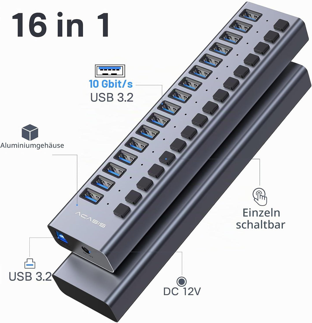 Powered USB 3.2 Hub, ACASIS 16 Ports USB 3.2 Hub mit 10Gbps Datenrate, Aluminiumgehäuse, USB Hub Pow