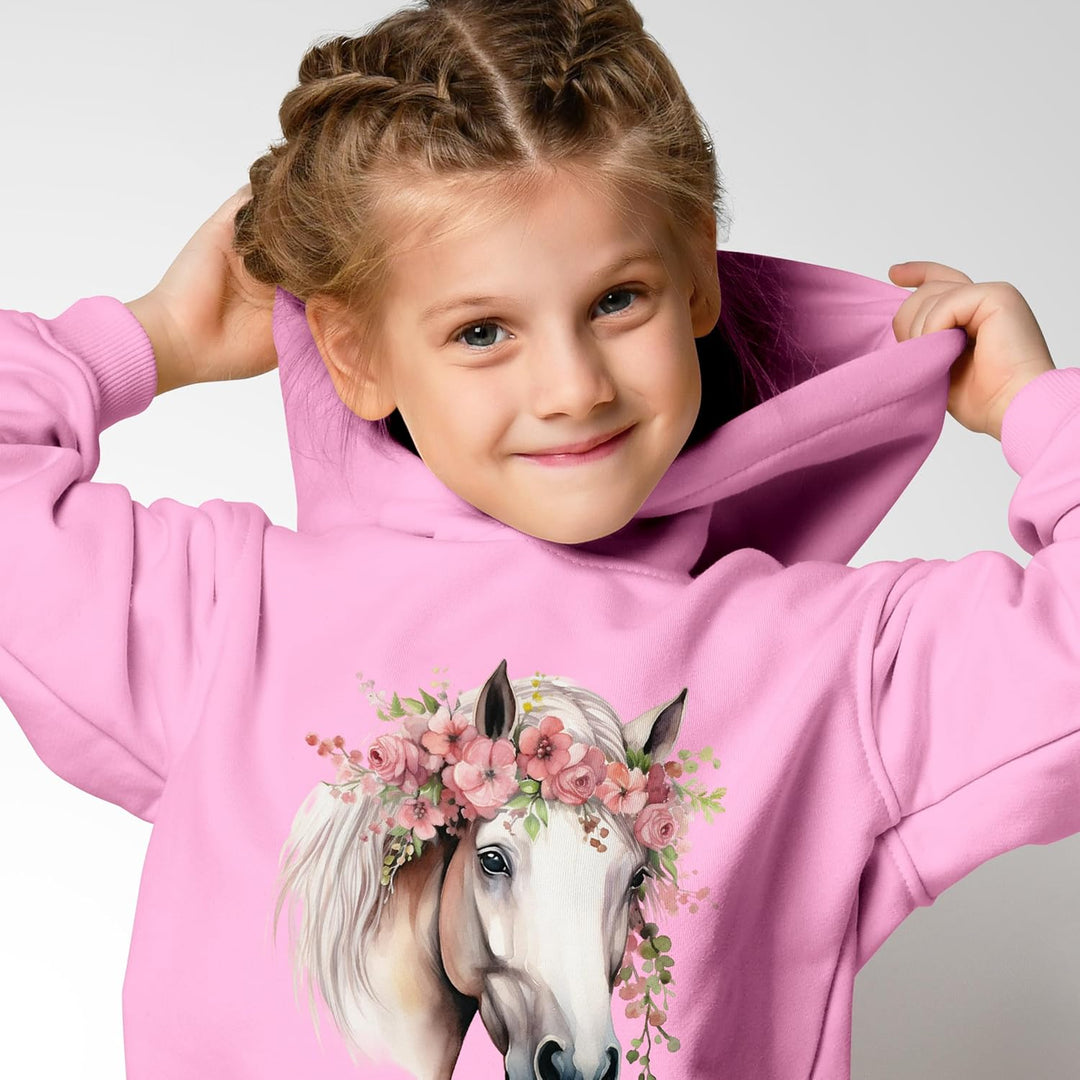 Kinder Hoodie Mädchen Pferdekopf mit Blumen Mädchengeschenke Pferde Print Aufdruck Pferd Blumen1 Ros