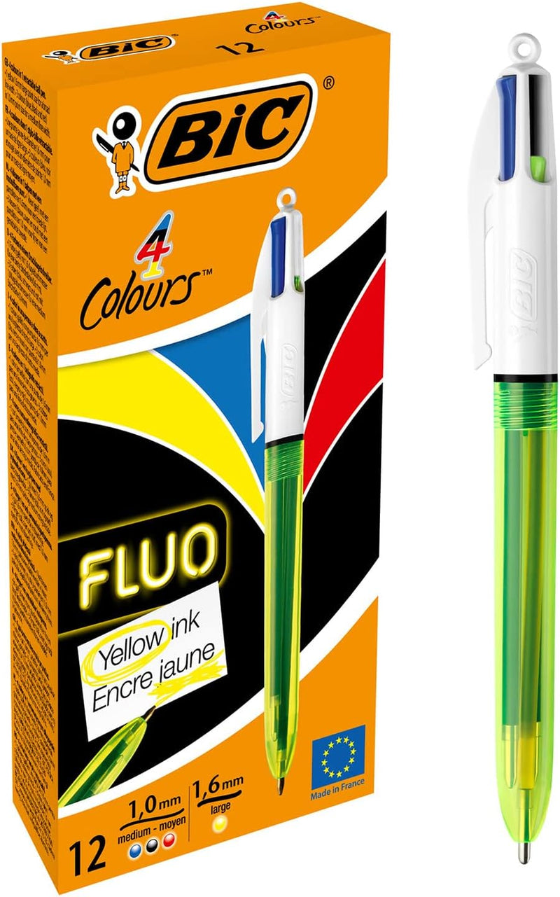 BIC 4 Farben Kugelschreiber Set 4 Colours Fluo, mit Highlight-Funktion, 12er Pack, Ideal für das Bür