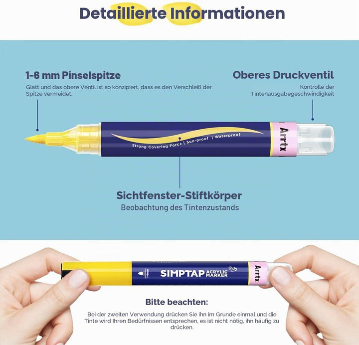 Arrtx Acrylstifte für Steine Bemalen, 24 Farben Simptap Top Valve Action Acrylmarker, Pinselspitze A