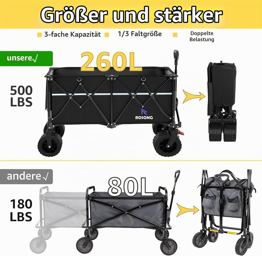 ROSONG Bollerwagen Faltbar 260L Gross, Faltbarer Bollerwagen mit Bremsen &amp; Grossen Rädern, Schwerlas