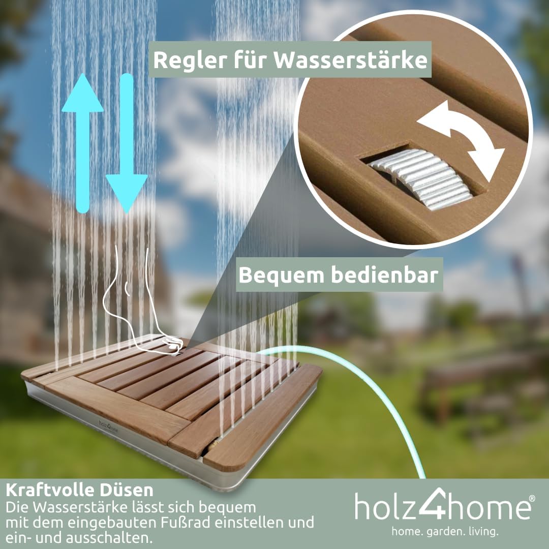 holz4home® Bodendusche als Gartendusche oder Pooldusche I Eckig aus Teakholz und Aluminium I Höhenve