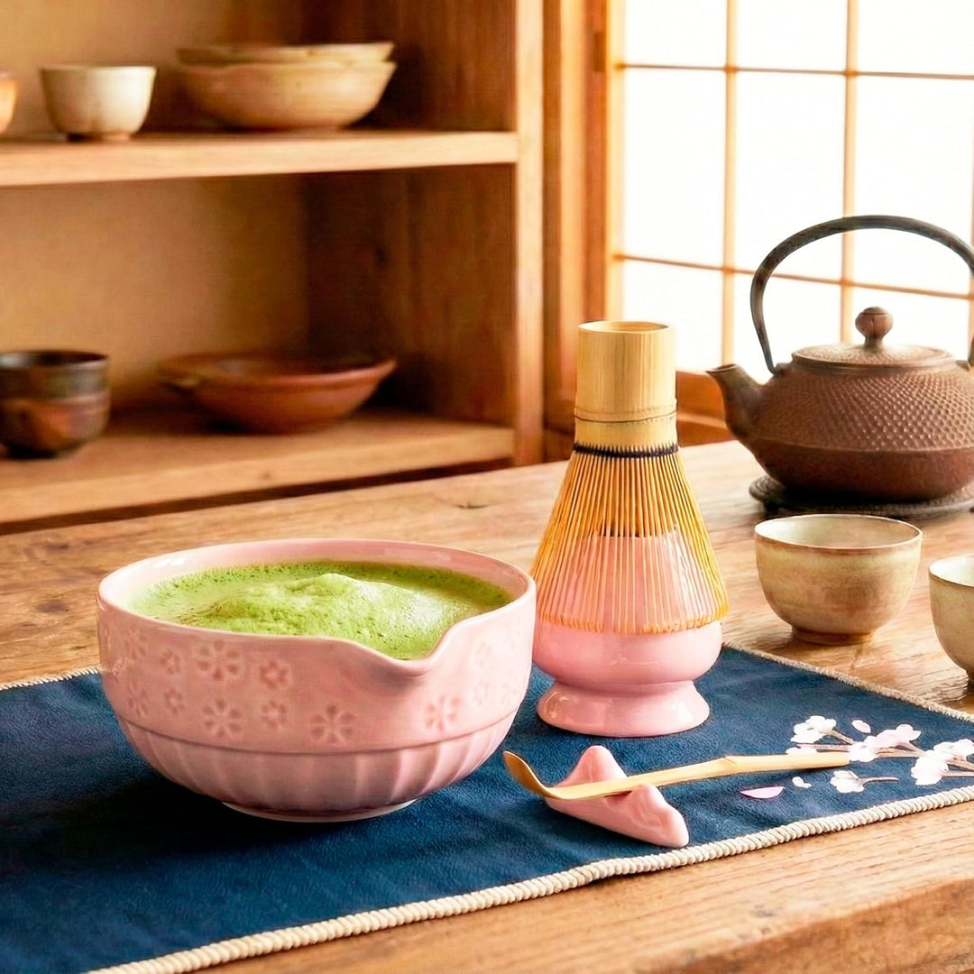 Matcha Set, Keramik Matcha Tee Set Mit Schale, Bambusbesen, Löffel, Sieb, Löffelablage, Besenhalter,