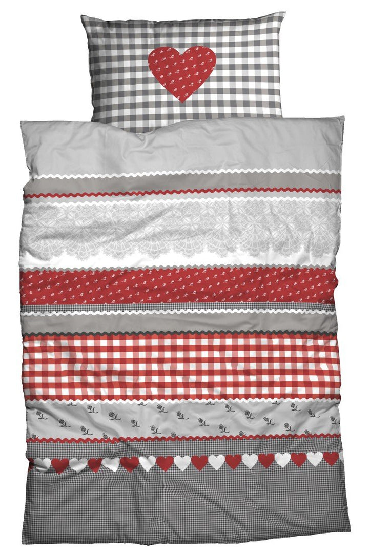 Casatex Biber-Bettwäsche Herz-Karo im Landhausstil 155x220 cm Silber-rot, 155x220 cm Silber