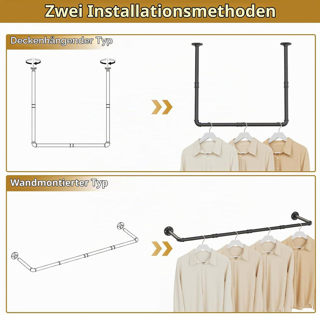 Industrierohr Kleiderstange, Garderobenstange Wandmontage, Kleiderständer für Deckenmontage, Abnehmb