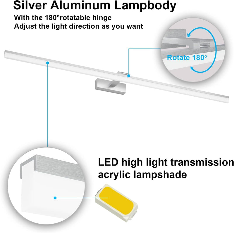 Klighten Led Spiegelleuchte Badezimmer 32W 1820LM Kaltes Weiss 6000K, 180° Rotation, IP44 Wasserdich