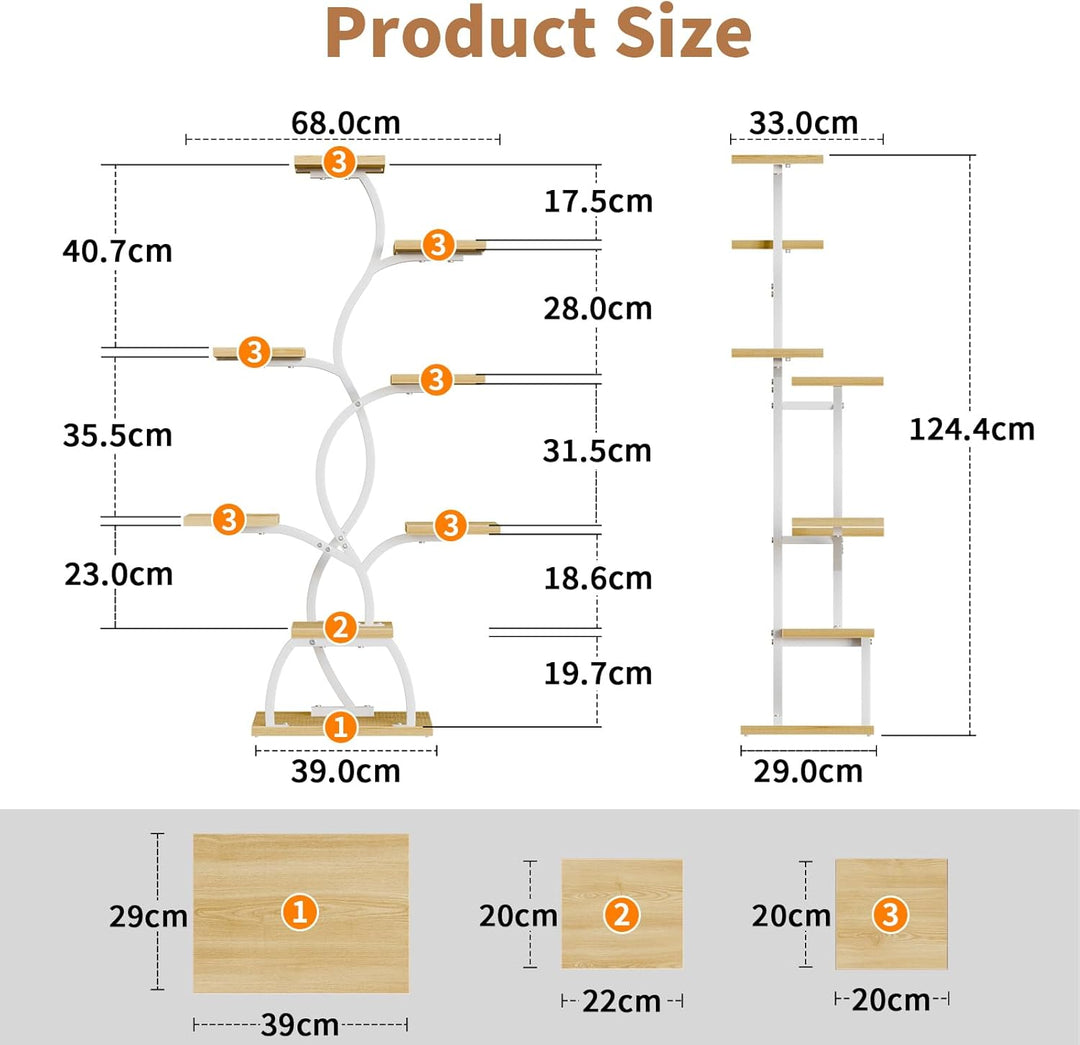 Pflanzenständer mit Wachstumslicht - 8 Ebenen Blumenständer 124cm Metall Holz Pflanzenregal - Innen