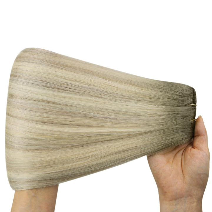 YoungSee Echthaar Tressen zum Einnahen Blond 45cm Tressen Echthaar Aschblond Ombre Blond Haartressen
