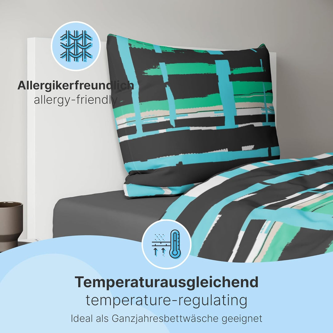 etérea Microfaser Bettwäsche Mance Streifen 200x220 3er Set - Bügelfrei mit Reissverschluss - Allerg