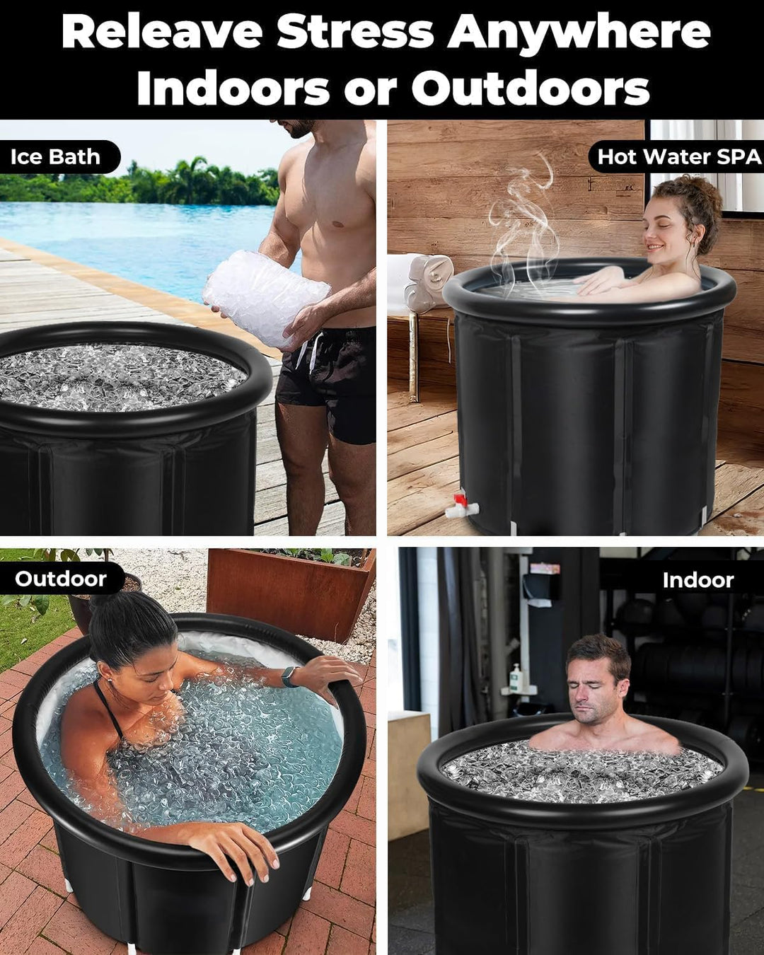 Eisbaden Tonne mit Kühlsystem (80 cm Ø) XL, Eistonne Eisbaden mit 8 Edelstahlstangen, Sporttasche/Hi