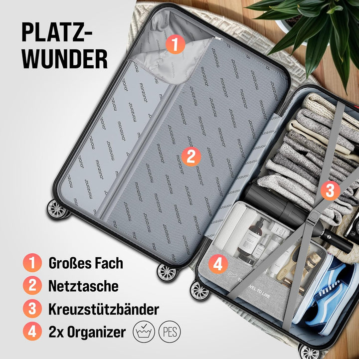 MONZANA® 3tlg. Kofferset Schloss Organizer Kofferwaage Gurt Gel-Griffe Zwillingsrollen Standfüsse Tr