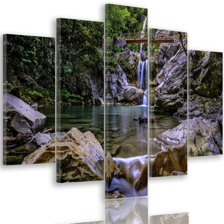 Feeby Leinwandbild Landschaft 5 TLG Bild Kunstdruck Natur Wasserfall Wald bunt 100x70 cm Leinwandbil
