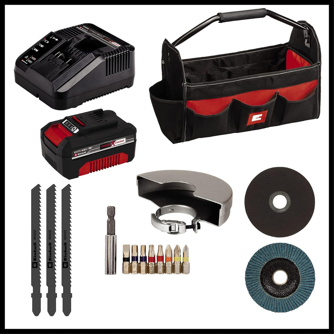 Einhell Akku-Bohrschrauber TE-CD 18/40 Li + Akku-Winkelschleifer TC-AG 18/115 Li + Akku-Stichsäge TC