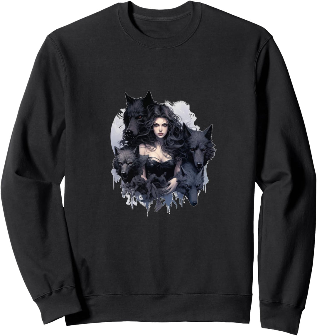 Gothic T Shirt, Gothic Frau mit Wölfen Aquarell Zeichnung Sweatshirt