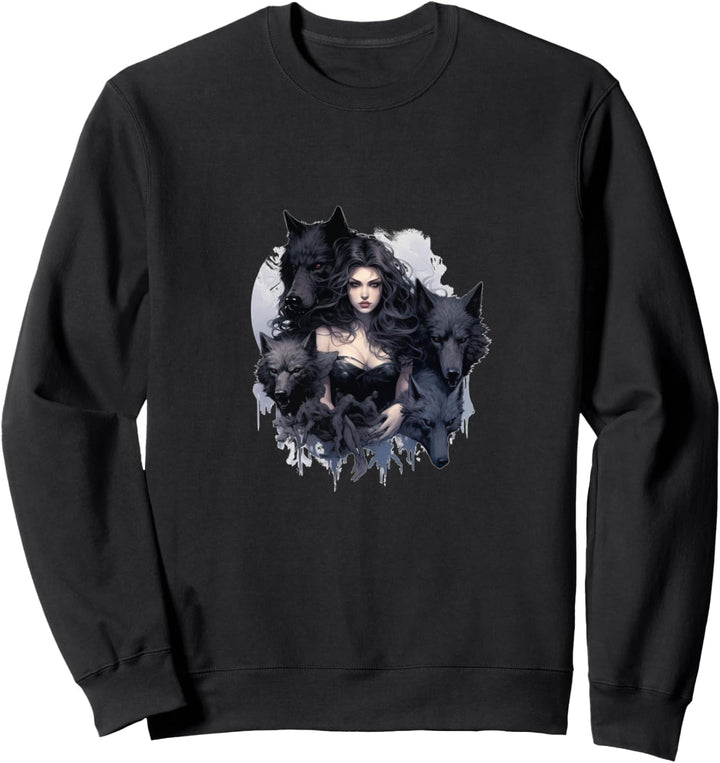 Gothic T Shirt, Gothic Frau mit Wölfen Aquarell Zeichnung Sweatshirt