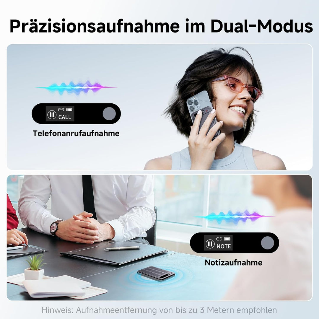 KI Digitales Diktiergerät mit Hülle, Transkribieren und Zusammenfassen, App-Steuerung, One-Touch-Auf