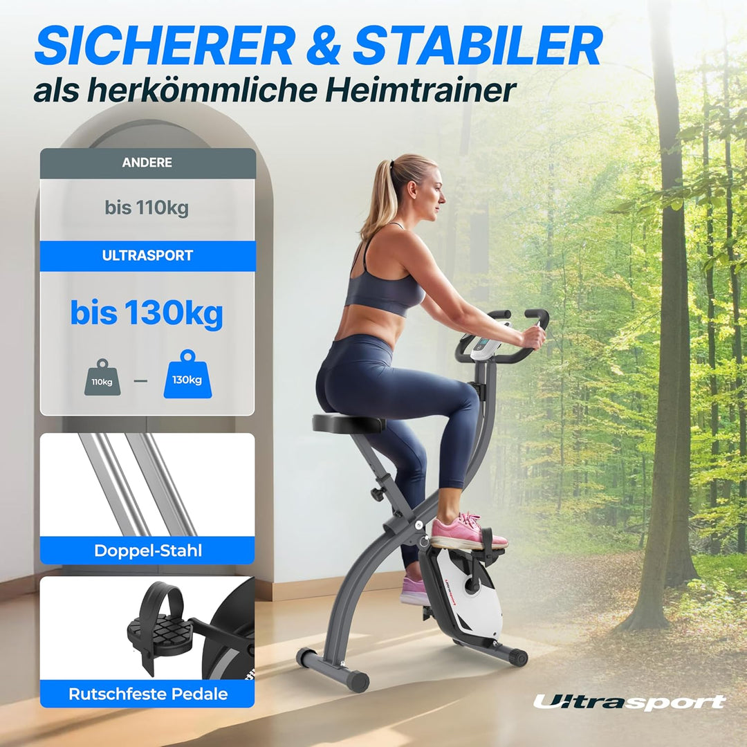 Ultrasport F-Bike 150/200, Heimtrainer, 8 Widerstandsstufen, Tablethalterung, Handpulssensoren, falt