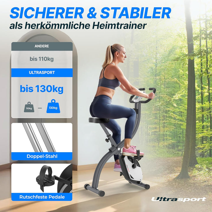 Ultrasport F-Bike 150/200, Heimtrainer, 8 Widerstandsstufen, Tablethalterung, Handpulssensoren, falt
