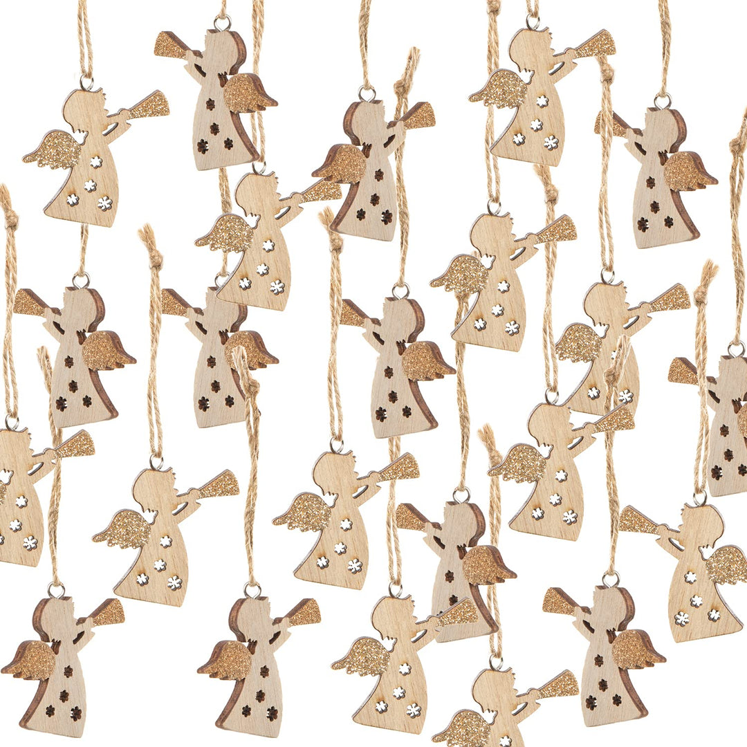 Holzanhänger Engel mit Trompete 5 cm – 24 Stück Weihnachtsdeko Natur Braun mit Glitzerflügeln, Weihn