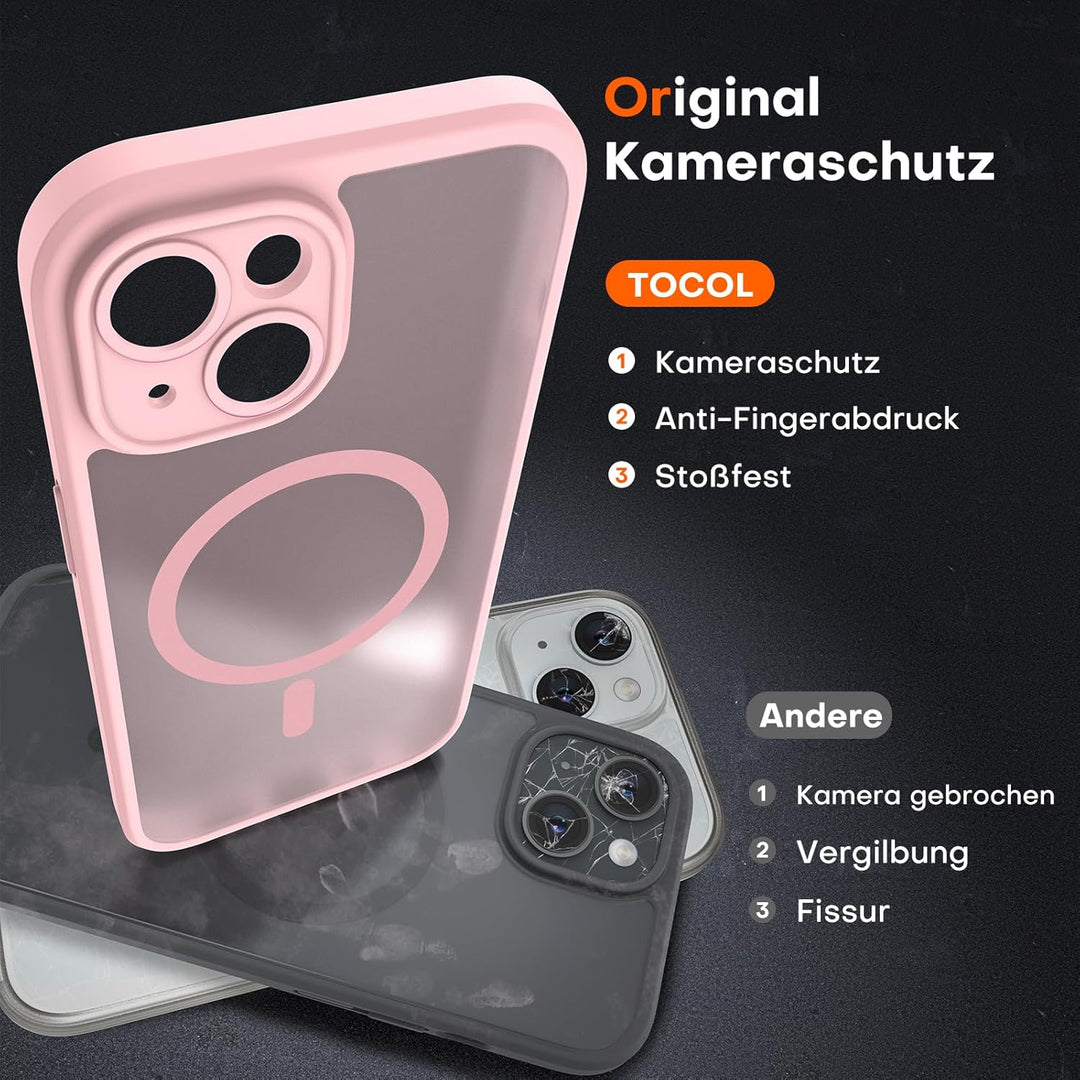 TOCOL für iPhone 15 Hülle für Magsafe, Vollständiger Kameraschutz Stossfest Kratzfest Transluzente R