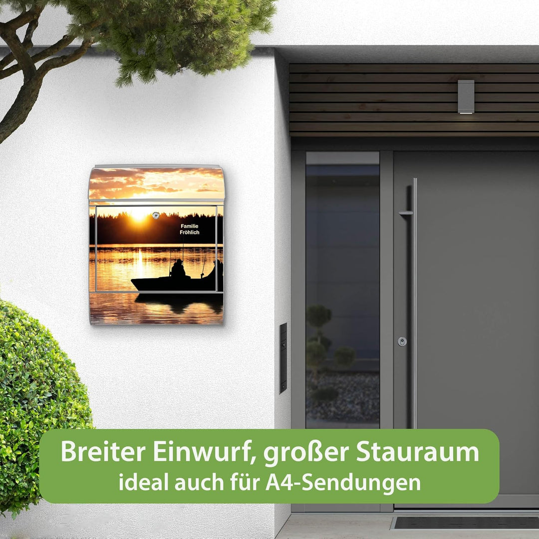 banjado® Design Briefkasten personalisiert mit Motiv Angler 39x47x14cm & 2 Schlüssel - Briefkasten S