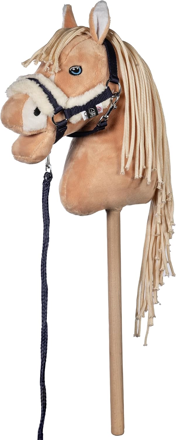 HKM Kids Hobby Horse, Palomino, Beige, mit Halfter und Führstrick in Dunkelblau, Steckenpferd für Ki