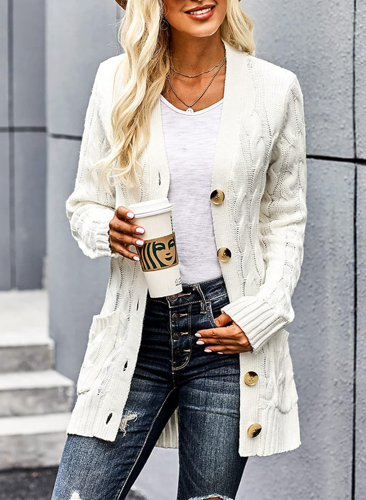 Maavoki Strickjacke Damen lang Elegant Open Front Grobstrick Strick Cardigan Langarm Strickjacken mi