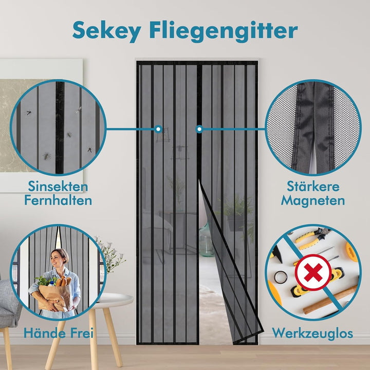 Sekey Magnet Fliegengitter Tür Vorhang für Holz, Eisen, Aluminium Türen und Balkon (165x235 cm, Schw