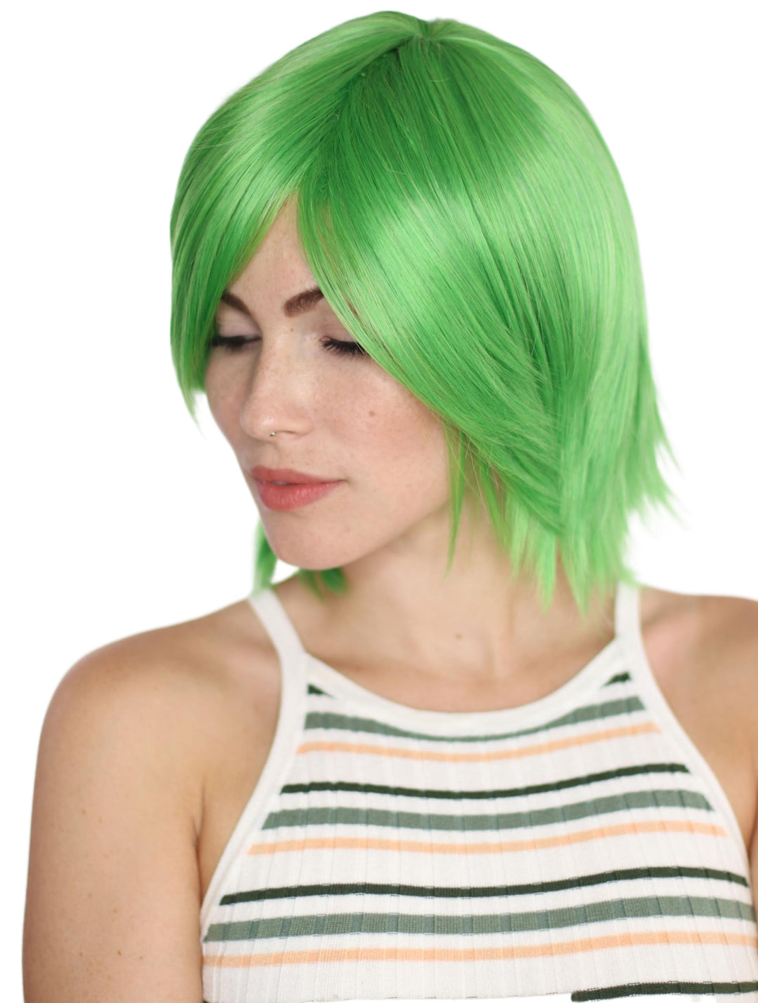 Prettyland grün Mittel-lange kurze Perücke mit Pony Gestuft fransig Damen & Herren perücke green Wig
