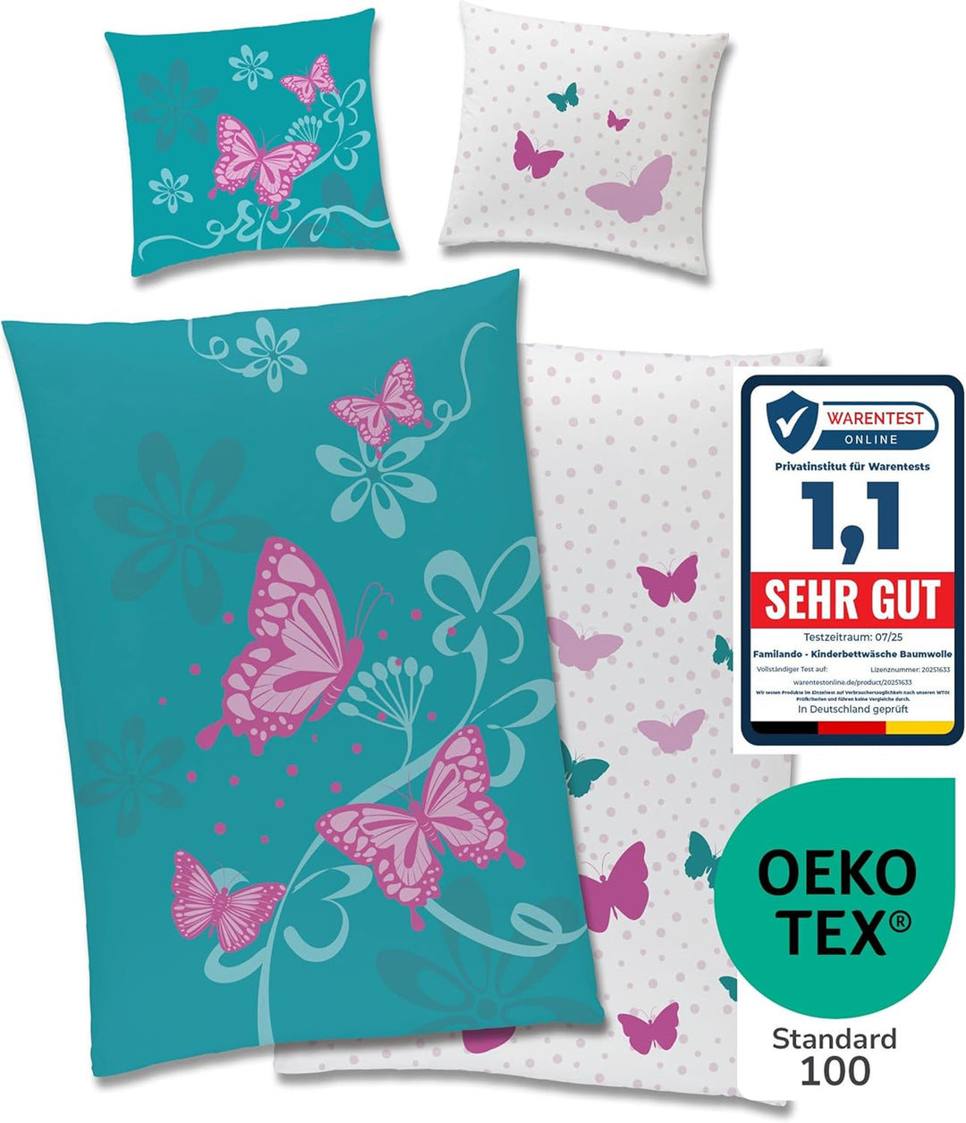 CTI - Bettwäsche Set Schmetterlinge 135x200 cm 80x80 cm Baumwolle türkis rosa Linon Wendebettwäsche
