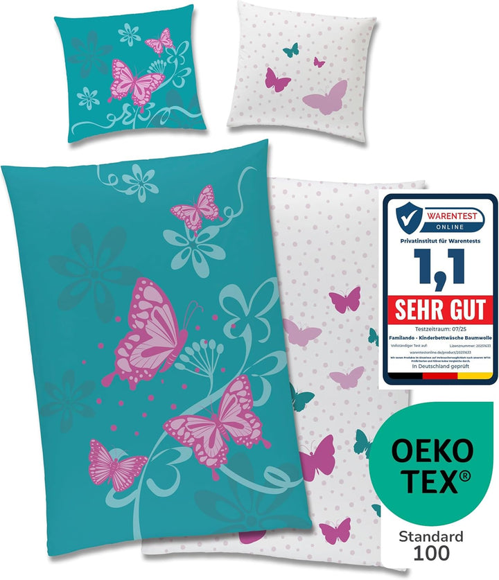CTI - Bettwäsche Set Schmetterlinge 135x200 cm 80x80 cm Baumwolle türkis rosa Linon Wendebettwäsche