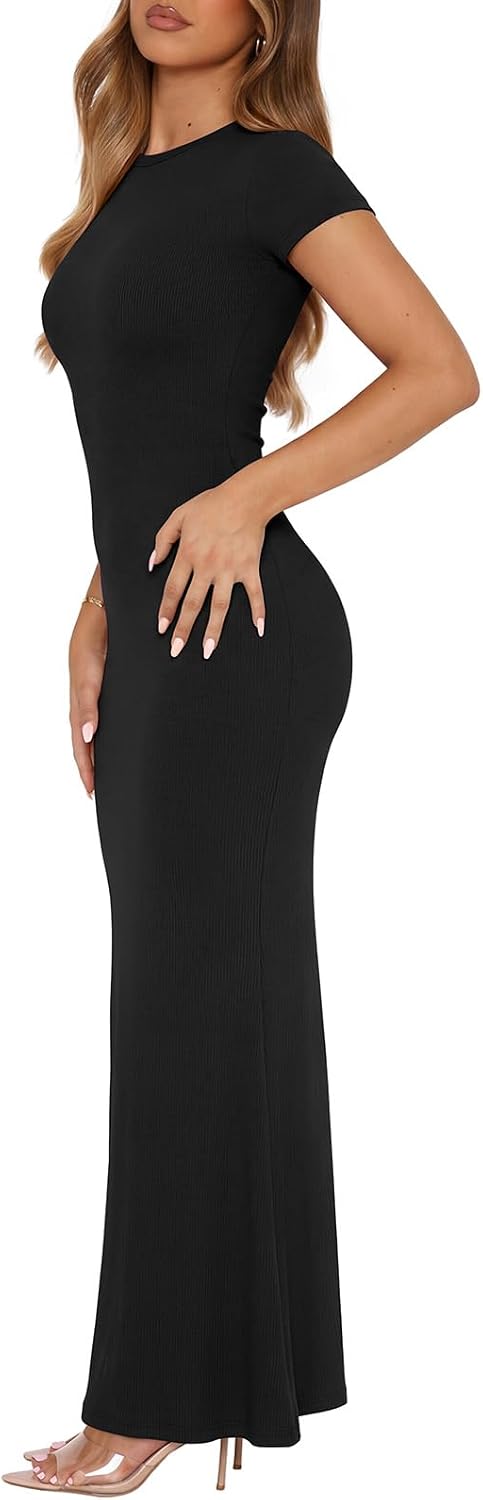 REORIA Damen Sommer Casual Lounge Langes Kleid Elegant Kurzarm Rundhalsausschnitt Figurbetontes Maxi