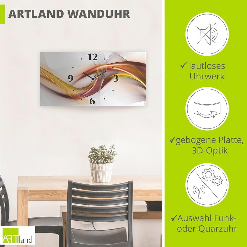 ARTLAND Wanduhr ohne Tickgeräusche Alu Quarzuhr lautlos 50x25 cm Rechteckig Abstrakte Bilder Kunst A