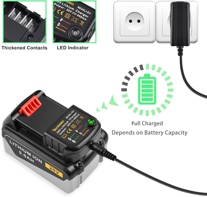Ladegerät 18V/20V Lithium, Kompatibel mit Black&Decker Lithium-Akku 18V/20V BL2018 LBXR20 LBXR20-OPE