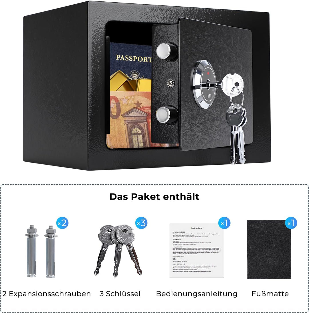 Safe Tresor mit 3 Schlüssel, 23x17x17cm Tresor für Zuhause, Kleine Möbeltresor für Bargeld, Schmuck