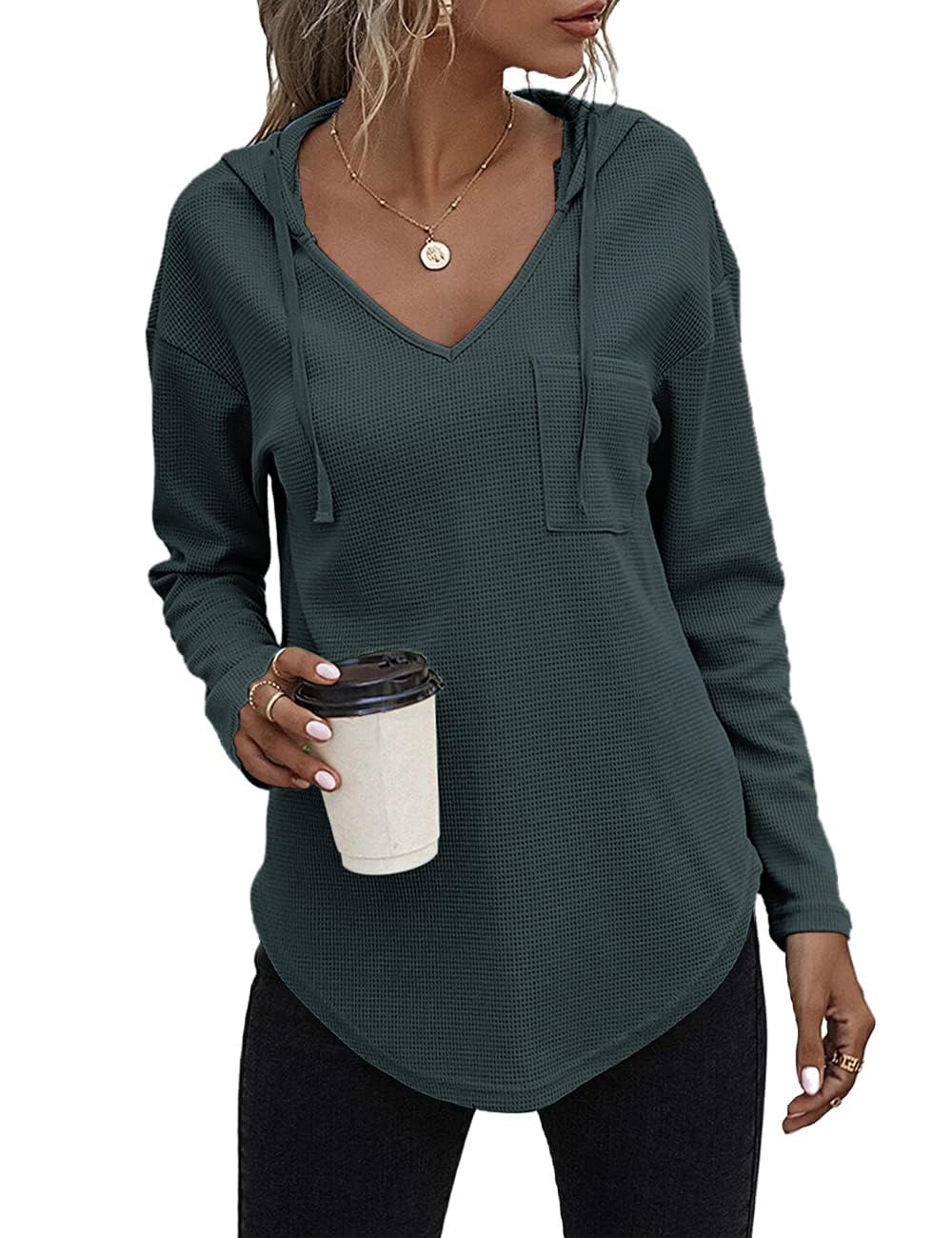 Pullover Damen Hoodie Langarm V Ausschnitt Pullover Sweatshirt Kapuzenpullover Einfarbig Drawstring