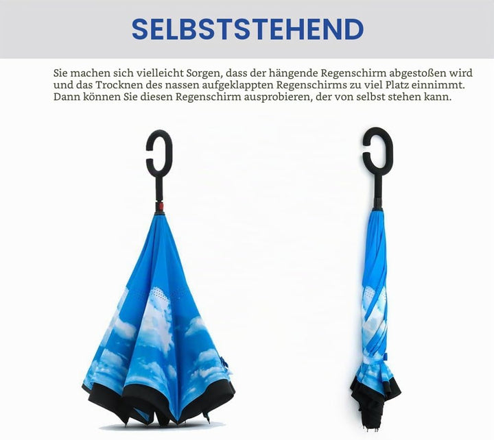Jooayou Umdrehbarer Regenschirm mit 2 Flächen, C-förmiger Griff, rückseitig faltbarer Regenschirm, A