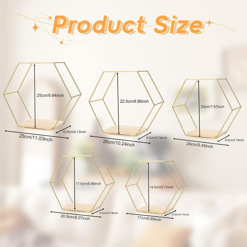 LMYDIDO 5er-Set Hexagon Wandregal Hängeregal, Metall und Holz Schweberegal Wandaufbewahrung Organize