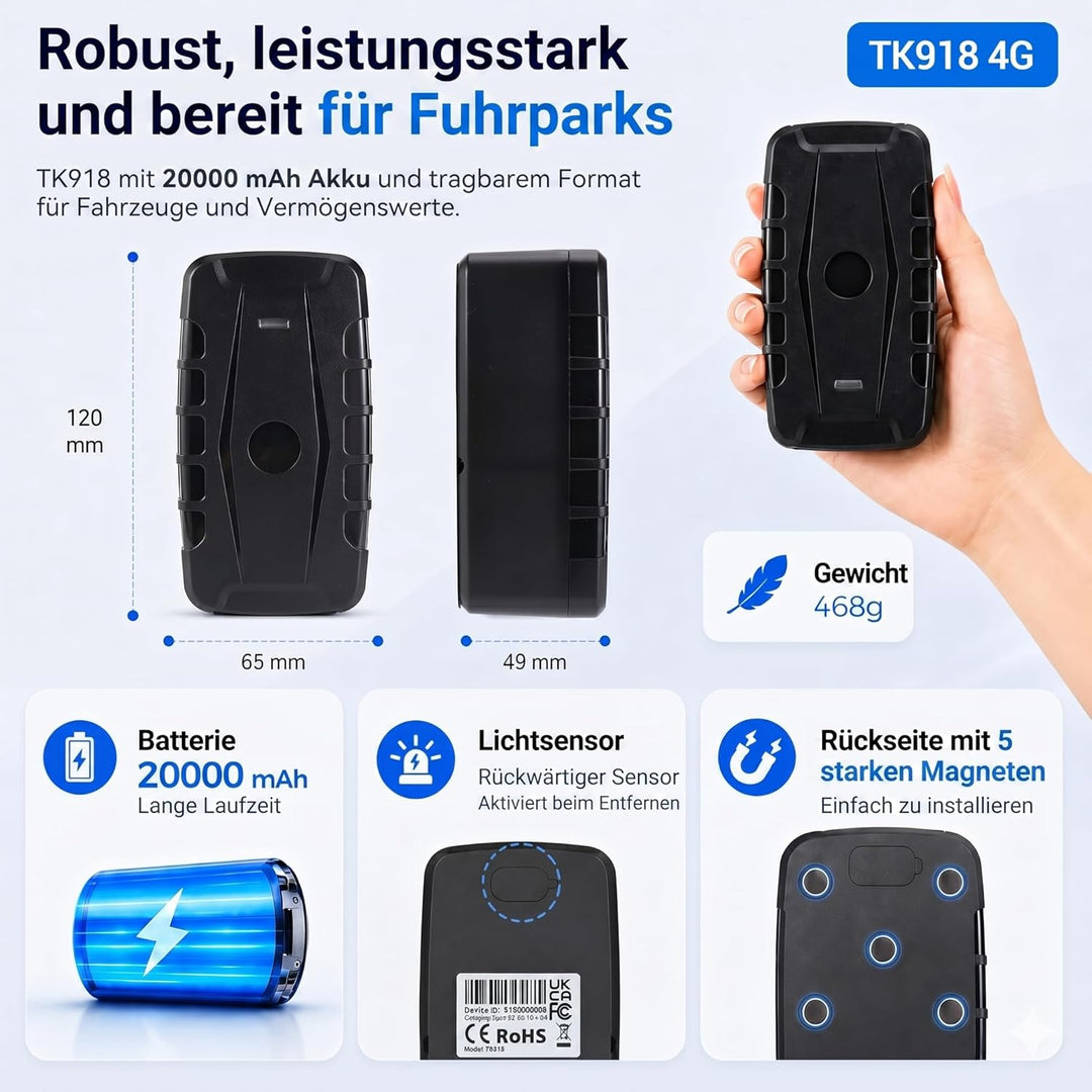 Winnes GPS Tracker Auto Ohne ABO, 4G GPS Tracker mit Magnet, Echtzeit Ortung per APP, 20000mAh Auto