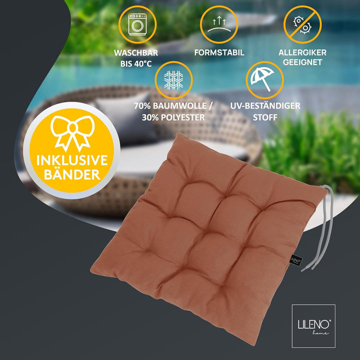 LILENO HOME 6er Set Stuhlkissen 09 Braun (40x40x6 cm) - Sitzkissen für Garten, Küche oder Esszimmer