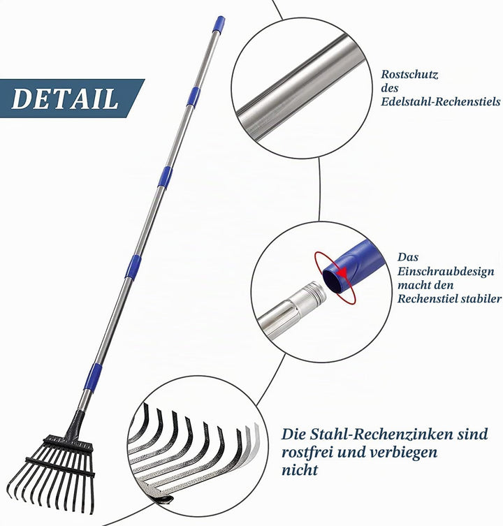 Garten Laubrechen Heavy Duty,Gras Harken für Gartenarbeit mit 11 Metallzinken 21 cm breit,Upgraded 7