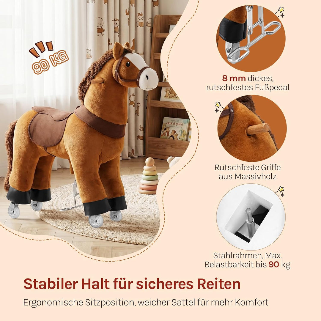 WOLTU Stehpferd auf Rollen, Reitpferd mit Klangfunktion für Kinder ab 4 Jahren, Plüschpferd zum Sitz