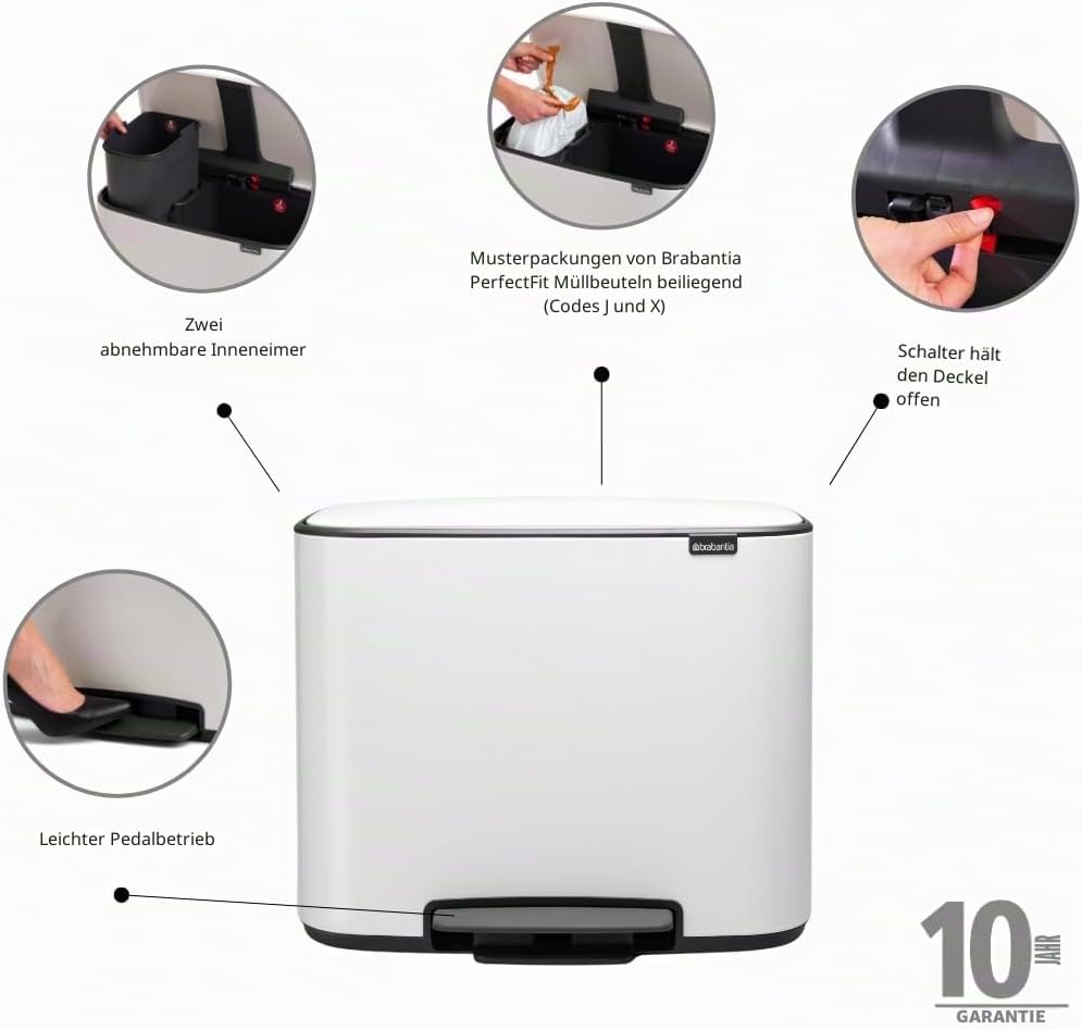 Brabantia Bo Treteimer 11 plus 23 L Abfalleimer, Metall, Weiss, 54 x 36.5 x 44 cm, 1 Einheiten