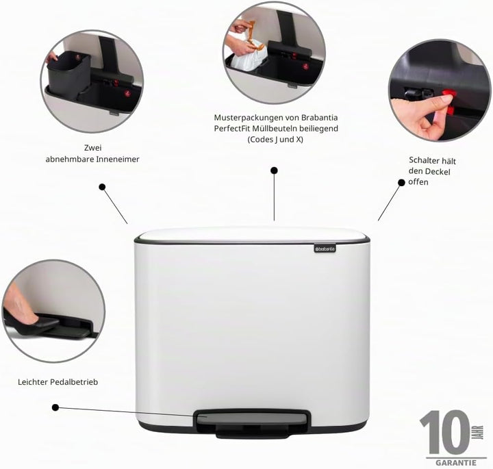 Brabantia Bo Treteimer 11 plus 23 L Abfalleimer, Metall, Weiss, 54 x 36.5 x 44 cm, 1 Einheiten